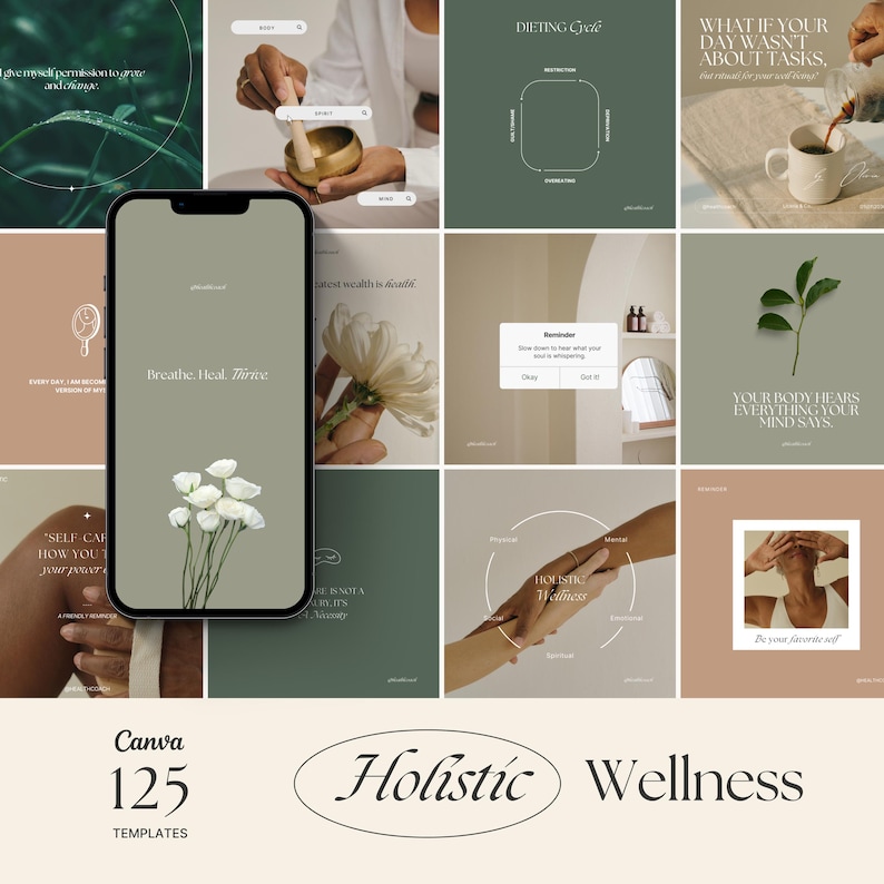 May include: A collage of images promoting holistic wellness with text overlays such as "Breathe. Heal. Thrive", "Your body hears everything your mind says", and "What if your day wasn't about tasks". The collage is in a grid format with a green, brown, and beige color scheme.