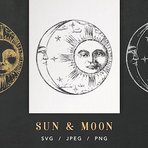 Puede incluir: Una ilustración en blanco y negro de un sol y una luna con caras. El sol tiene rayos y la luna es una media luna. El texto "SUN & MOON" está debajo de la imagen.