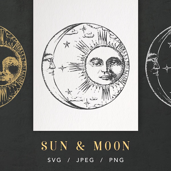Sun and moon svg, celestial svg, sun and moon face, Eclipse SVG, Mystical Moon, Crescent moon, sun and moon art, File for Cricut, moonface