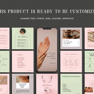 May include: A collection of nine Instagram story templates for a skincare brand. The templates feature a variety of designs, including text, graphics, and photos. The templates are designed to help businesses promote their products and services.