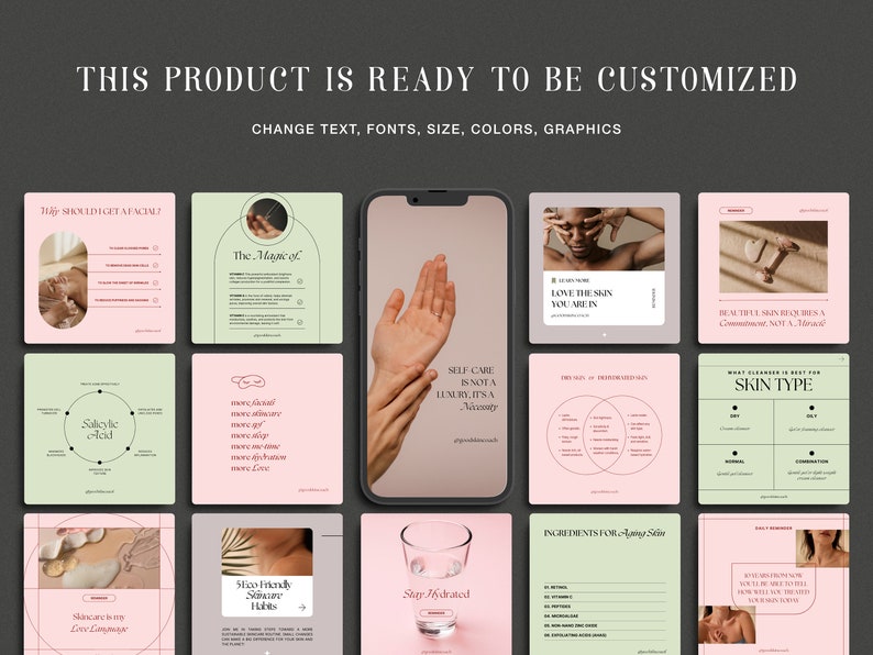 May include: A collection of nine Instagram story templates for a skincare brand. The templates feature a variety of designs, including text, graphics, and photos. The templates are designed to help businesses promote their products and services.