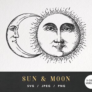 Può includere: Illustrazione in bianco e nero del sole e della luna con volti umani. Il sole ha un volto sorridente con linee radianti, e la luna crescente ha un profilo. Il testo "SUN & MOON" è sotto, insieme alle informazioni sul tipo di file.