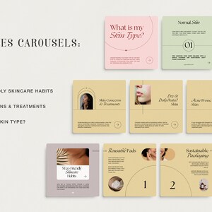 May include: A set of Instagram carousel templates for a skincare brand. The templates feature a light pink, light green, and beige color scheme with a minimalist design. The text includes "What is my Skin Type?", "Normal Skin", "Oily Skin", "Skin Concerns & Treatment", "Dry & Dehydrated Skin", "Acne Prone Skin", "5 Eco-Friendly Skincare Habits", "Reusable Pads", "Sustainable Packaging", and "DIY Natural Masks".
