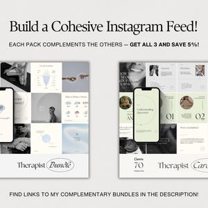May include: Two sets of Instagram post templates for therapists. The first set is a bundle of 90 templates and the second set is a bundle of 70 templates. Both sets feature a light blue and white color scheme and include text overlays.