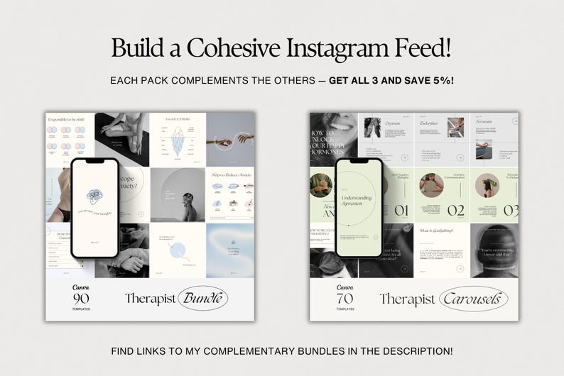 May include: Two sets of Instagram post templates for therapists. The first set is a bundle of 90 templates and the second set is a bundle of 70 templates. Both sets feature a light blue and white color scheme and include text overlays.