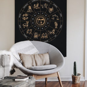 Op de afbeelding: Een zwarte en gouden zodiac-wielprint met de twaalf astrologische tekens en hun symbolen. De print hangt aan een witte muur boven een grijze fauteuil met een bruin kussen.