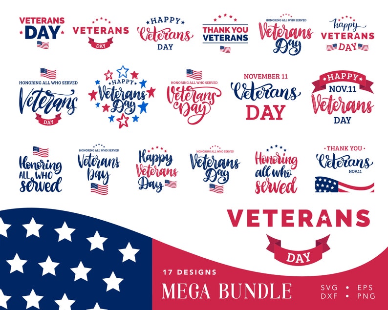 Puede incluir: Una colecci&oacute;n de 17 dise&ntilde;os digitales para el D&iacute;a de los Veteranos. Los dise&ntilde;os presentan esquemas de color rojo, blanco y azul con estrellas, banderas y el texto "Veterans Day". Los dise&ntilde;os son perfectos para crear camisetas, tazas, letreros y otras manualidades.
