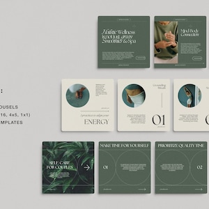 May include: A set of social media templates for wellness businesses. The templates feature a green and white color scheme with text that says "Self Care for Couples", "Make Time for Yourself", "Prioritize Quality Time", and "Support Each Other".