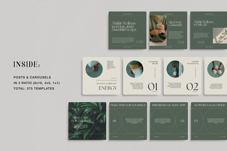 May include: A set of social media templates for wellness businesses. The templates feature a green and white color scheme with text that says "Self Care for Couples", "Make Time for Yourself", "Prioritize Quality Time", and "Support Each Other".