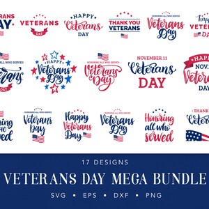 Puede incluir: Un conjunto de 17 dise&ntilde;os digitales para el D&iacute;a de los Veteranos. Los dise&ntilde;os presentan varios temas patri&oacute;ticos, incluidas banderas estadounidenses, estrellas y las palabras "D&iacute;a de los Veteranos". Los dise&ntilde;os est&aacute;n disponibles en los formatos SVG, EPS, DXF y PNG.
