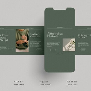 May include: A green and white digital marketing template for a wellness brand. The template features four sections with text and images. The text includes the phrases "Holistic Wellness is not just green smoothies & spa", "Mind Body Connection", "Holistic Wellness in Daily Life", and "Wellness is not a product."