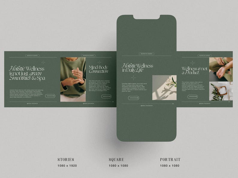 May include: A green and white digital marketing template for a wellness brand. The template features four sections with text and images. The text includes the phrases "Holistic Wellness is not just green smoothies & spa", "Mind Body Connection", "Holistic Wellness in Daily Life", and "Wellness is not a product."