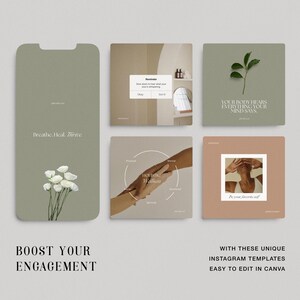May include: A set of six Instagram story templates with a minimalist aesthetic. The templates feature a neutral color palette of beige, brown, and green. The text on the templates includes the phrases "Breathe Heal Three", "How Self Care is Different", "You Body Heals Everything Your Mind Says", and "Be Your Favorite Self".