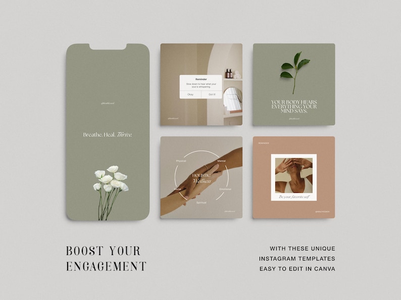 May include: A set of six Instagram story templates with a minimalist aesthetic. The templates feature a neutral color palette of beige, brown, and green. The text on the templates includes the phrases "Breathe Heal Three", "How Self Care is Different", "You Body Heals Everything Your Mind Says", and "Be Your Favorite Self".