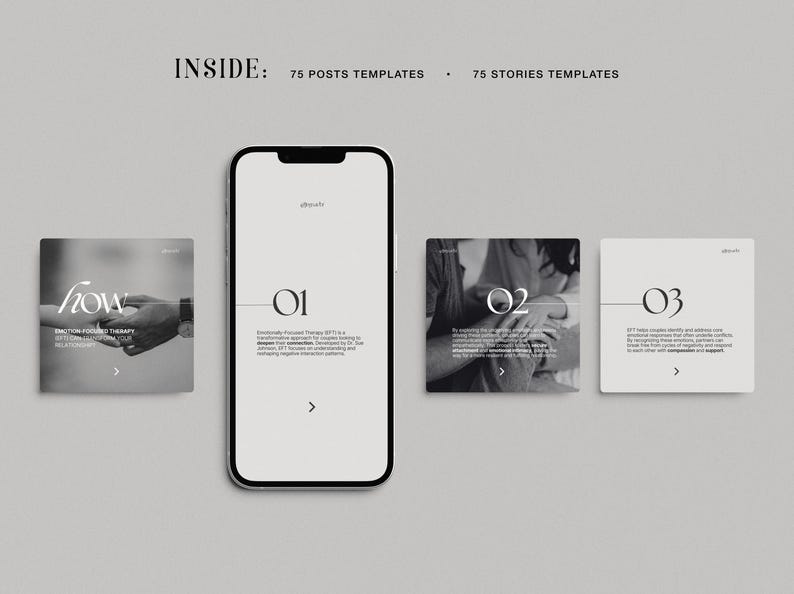 May include: A black and white image of a phone screen displaying the text "01" and the words "Emotionally Focused Therapy (EFT) is a structured approach to couples therapy designed for connection.  Couples learn to identify and understand their emotional responses to each other, and to develop secure and compassionate ways of relating."  The phone is surrounded by three square images, one with the text "flow" and the words "Emotionally Focused Therapy,  Strengthening Your Connection", another with the text "02" and the words "In a caring setting, partners identify and address core emotional responses that often underlie conflict.  By exploring these responses, partners can learn to understand and validate each other's needs and to create a more compassionate and supportive relationship." and the last with the text "03" and the words "EFT helps couples identify and address core emotional responses that often underlie conflict. By exploring these responses, partners can learn to understand and validate each other's needs and to create a more compassionate and supportive relationship."