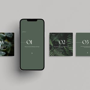 May include: A mockup of a mobile phone screen with a green background and the text "01" and an arrow. Three square cards with green backgrounds and the text "02", "03", and "flow" are displayed below the phone screen.