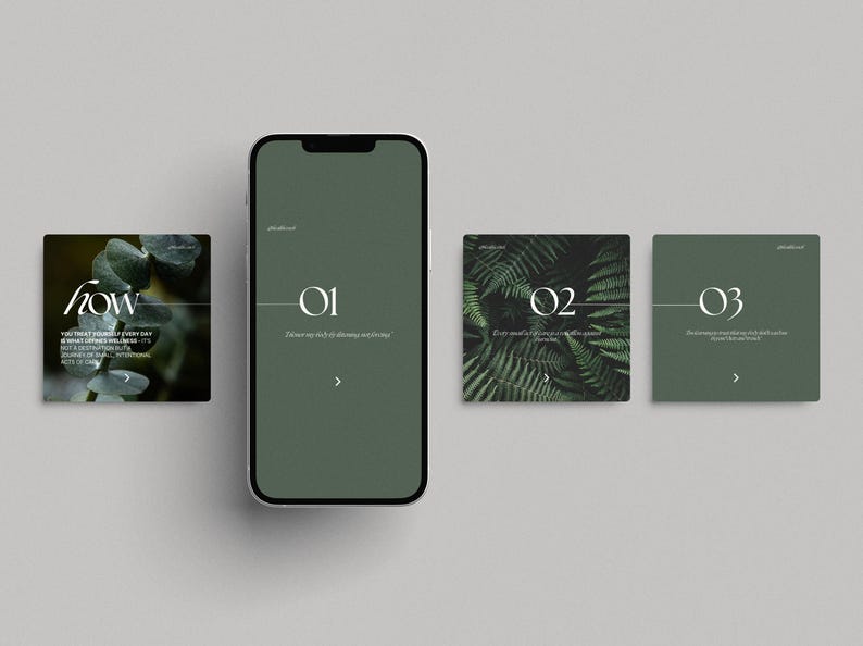 May include: A mockup of a mobile phone screen with a green background and the text "01" and an arrow. Three square cards with green backgrounds and the text "02", "03", and "flow" are displayed below the phone screen.