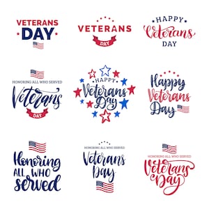 Puede incluir: Nueve dise&ntilde;os diferentes para el D&iacute;a de los Veteranos. Los dise&ntilde;os presentan la bandera estadounidense, estrellas y el texto "Veterans Day".