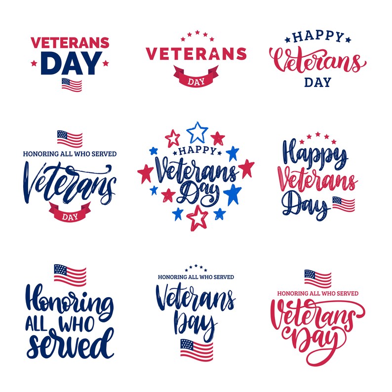 Puede incluir: Nueve dise&ntilde;os diferentes para el D&iacute;a de los Veteranos. Los dise&ntilde;os presentan la bandera estadounidense, estrellas y el texto "Veterans Day".