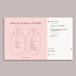 May include: A pink and white infographic with the text "Skincare Routine Checklist" at the top. The infographic is divided into two sections, AM and PM, with a Venn diagram showing the steps for each routine. The steps include cleanser, toner, serum, moisturizer, sunscreen, eye cream, treatment, and lip balm.