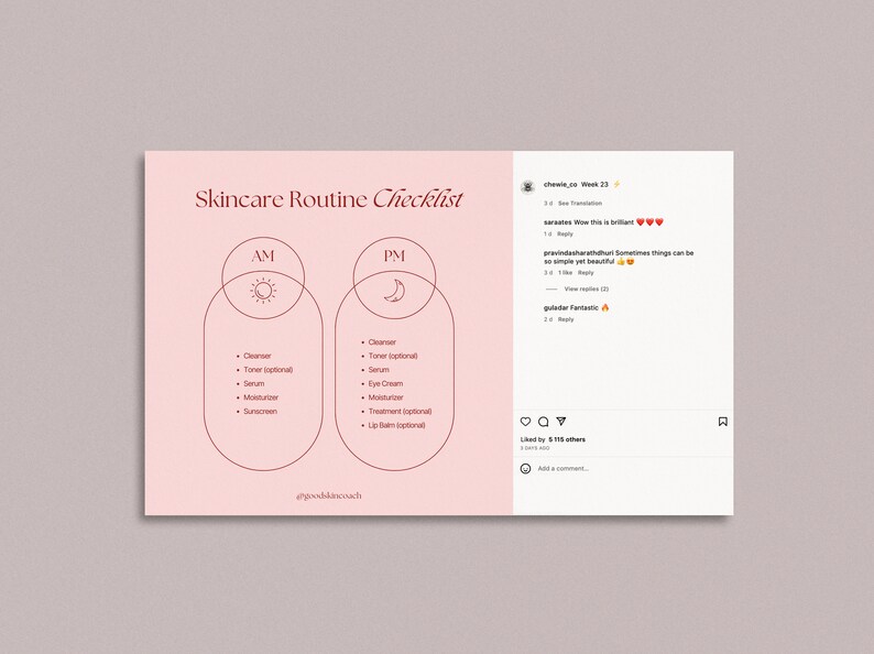 May include: A pink and white infographic with the text "Skincare Routine Checklist" at the top. The infographic is divided into two sections, AM and PM, with a Venn diagram showing the steps for each routine. The steps include cleanser, toner, serum, moisturizer, sunscreen, eye cream, treatment, and lip balm.