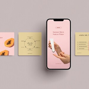 May include: Four Instagram story templates for skincare tips. The first template features a papaya fruit with the text "Dict. Matters". The second template features a circle with the text "Glycolic Acid" and a list of benefits. The third template features a hand applying a white cream with the text "Summer Skin is Made in Winter". The fourth template features a hand holding a makeup brush with the text "4 Skincare Mistakes" and a list of common mistakes.