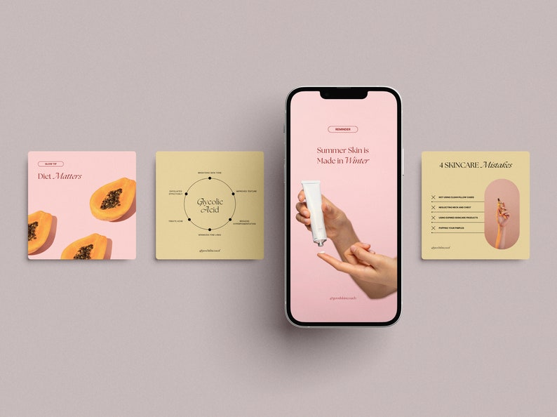 May include: Four Instagram story templates for skincare tips. The first template features a papaya fruit with the text "Dict. Matters". The second template features a circle with the text "Glycolic Acid" and a list of benefits. The third template features a hand applying a white cream with the text "Summer Skin is Made in Winter". The fourth template features a hand holding a makeup brush with the text "4 Skincare Mistakes" and a list of common mistakes.