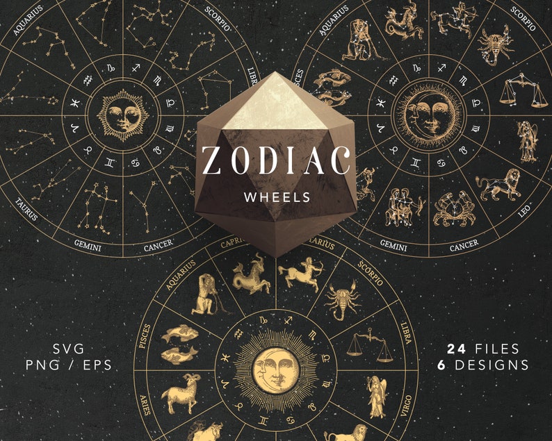 Op de afbeelding: Een set van 6 gouden zodiac-wielontwerpen met sterrenbeelden en astrologische symbolen. De wielen zijn geplaatst tegen een zwarte achtergrond met een gouden geometrische vorm in het midden waarop "Zodiac Wheels" staat.