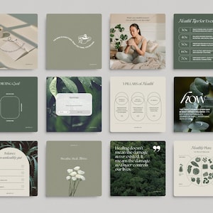 May include: A set of nine Instagram post templates with a green and white color scheme. The templates feature text about health and wellness, including tips for every age, the three pillars of health, and a healthy plate.