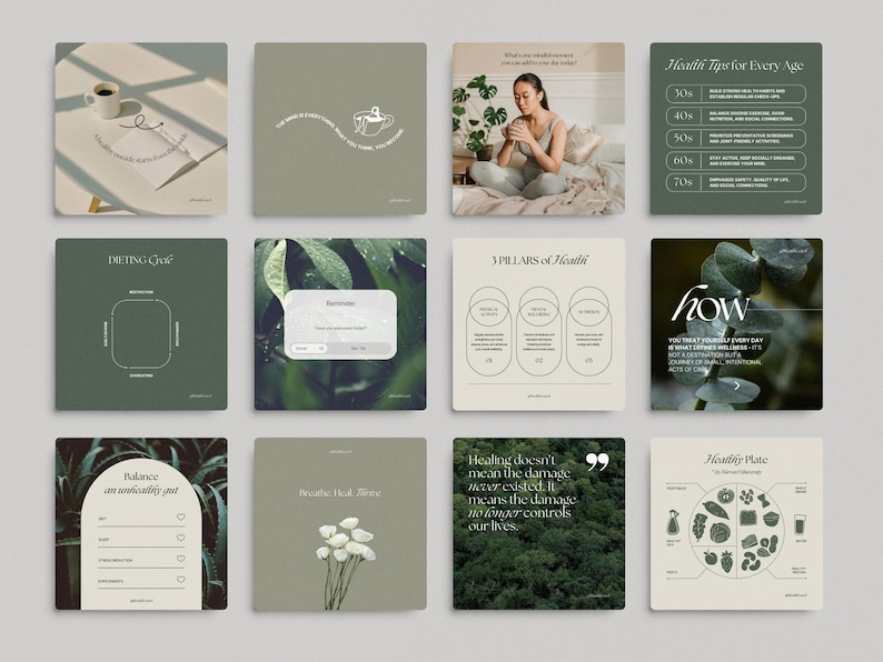 May include: A set of nine Instagram post templates with a green and white color scheme. The templates feature text about health and wellness, including tips for every age, the three pillars of health, and a healthy plate.