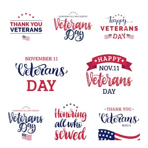 Puede incluir: Un conjunto de nueve ilustraciones digitales con varios dise&ntilde;os para el D&iacute;a de los Veteranos. Los dise&ntilde;os incluyen las palabras "Veterans Day", "Thank You Veterans", "Happy Veterans Day", "Honoring All Who Served" y "November 11". Los dise&ntilde;os son en rojo, blanco y azul, y presentan estrellas, banderas y cintas.