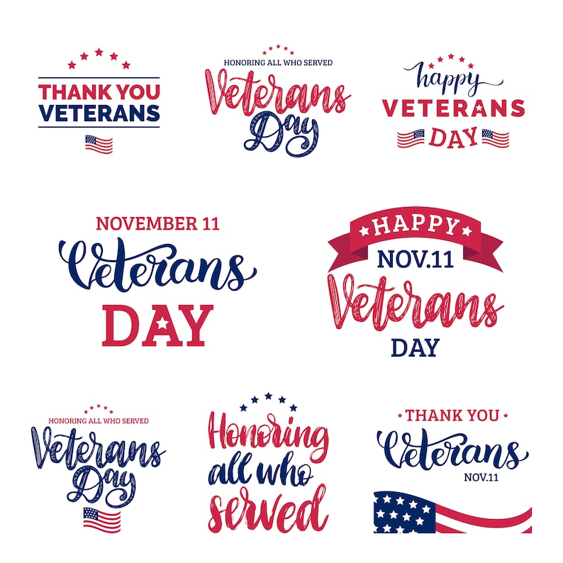 Puede incluir: Un conjunto de nueve ilustraciones digitales con varios dise&ntilde;os para el D&iacute;a de los Veteranos. Los dise&ntilde;os incluyen las palabras "Veterans Day", "Thank You Veterans", "Happy Veterans Day", "Honoring All Who Served" y "November 11". Los dise&ntilde;os son en rojo, blanco y azul, y presentan estrellas, banderas y cintas.