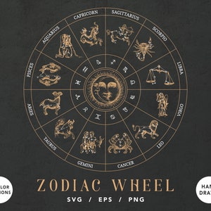 Rueda del zodiaco, Signos del horóscopo, Símbolos astrológicos, Constelación estelar, Rueda del año, Cricut, Impresiones digitales, Imágenes prediseñadas, mapa de constelaciones