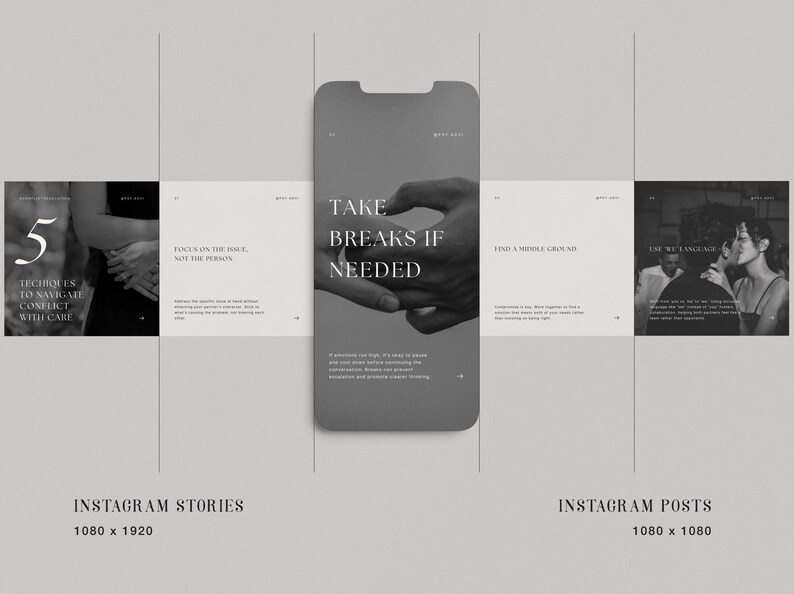 May include: Black and white Instagram story and post templates with text that reads "5 Techniques to Navigate Conflict with Care", "Focus on the Issue, Not the Person", "Take Breaks if Needed", "Find a Middle Ground", and "Use "I" Language".