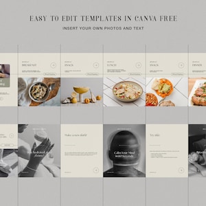 May include: A set of nine Instagram story templates with a minimalist aesthetic. The templates feature a variety of images, including food, a person meditating, and a person sleeping. The text on the templates includes phrases like "Take a moment for healthy eating", "Make a new habit", "Calm your mind in 60 seconds", and "Prioritize your sleep".