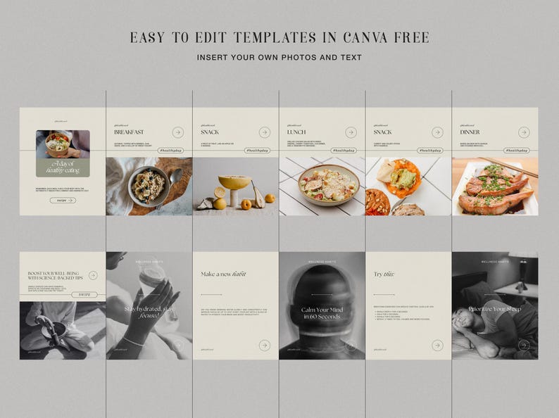 May include: A set of nine Instagram story templates with a minimalist aesthetic. The templates feature a variety of images, including food, a person meditating, and a person sleeping. The text on the templates includes phrases like "Take a moment for healthy eating", "Make a new habit", "Calm your mind in 60 seconds", and "Prioritize your sleep".
