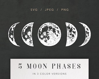 May include: Five moon phases in various stages of fullness, illustrated in a white, hand-drawn style against a dark gray background. The text "5 MOON PHASES" and "IN 3 COLOR VERSIONS" is displayed below the image.