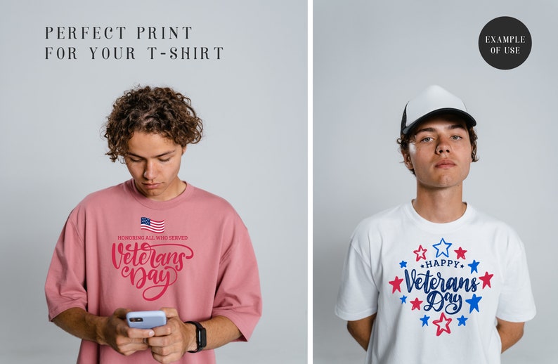 Puede incluir: Dos camisetas con un dise&ntilde;o del D&iacute;a de los Veteranos. La primera camiseta es rosa con una bandera estadounidense roja, blanca y azul y el texto "HONORING ALL WHO SERVED Veterans Day". La segunda camiseta es blanca con un dise&ntilde;o de estrellas azules y rojas y el texto "HAPPY Veterans Day".