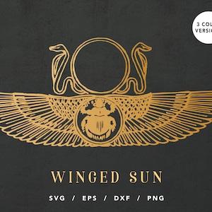 Bevingad solskiva svg, sol med vingar, egyptiska utbredda falkvingar, forntida egyptisk scarab-dyngbagge, omedelbar nedladdning, Cricut-filer