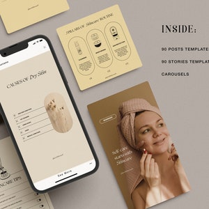 May include: A digital mockup of a phone screen showing a post about the causes of dry skin. The post includes a list of causes with checkmarks next to each one. The post also includes a call to action to see more. The phone is on a brown surface with other digital mockups of social media posts.