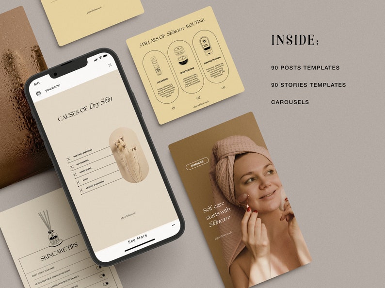 May include: A digital mockup of a phone screen showing a post about the causes of dry skin. The post includes a list of causes with checkmarks next to each one. The post also includes a call to action to see more. The phone is on a brown surface with other digital mockups of social media posts.
