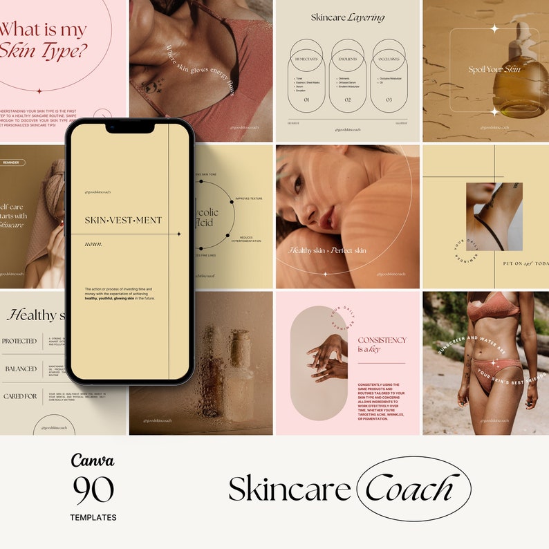 May include: A collage of images related to skincare, featuring a phone screen with the text "SKIN-VEST-MENT", a woman's face, a bottle of liquid, and the text "Skincare Coach".