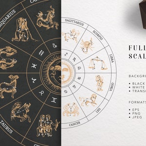 Op de afbeelding: Een zwart-witte zodiac-wiel met gouden contouren en sterrenbeelden. Elk deel van het wiel toont een sterrenbeeld, waaronder Ram, Stier, Tweelingen, Kreeft, Leeuw, Maagd, Weegschaal, Schorpioen, Boogschutter, Steenbok, Waterman en Vissen. De tekst "FULLY SCALABLE" is in goud op een witte achtergrond geschreven. De tekst "BACKGROUNDS: BLACK, WHITE, TRANSPARENT" en "FORMATS: EPS, PNG, JPEG" is ook in goud op een witte achtergrond geschreven.