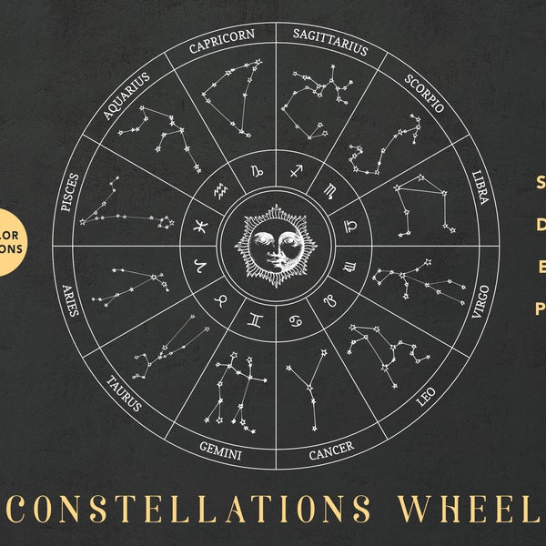 Zodiac wheel, Horoscope signs, Astrology symbols, star constellation, Wheel of the year, Cricut, Digital prints, Clip Art, constellation map