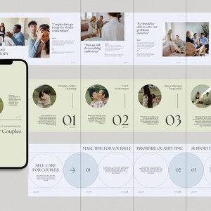 May include: A light blue and green infographic with the title "7 MYTHS about Couples THERAPY" and "4 for Couples". The infographic includes tips for couples, such as "Practice Active Listening", "Use "I" Statements", "Stay Calm and Respectful", and "Schedule Regular Check Ins".