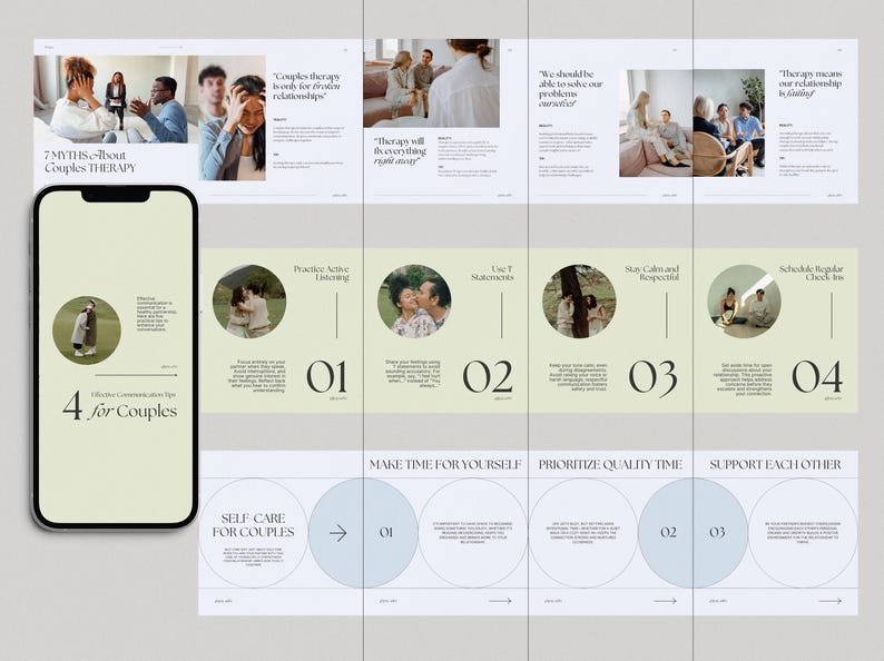 May include: A light blue and green infographic with the title "7 MYTHS about Couples THERAPY" and "4 for Couples". The infographic includes tips for couples, such as "Practice Active Listening", "Use "I" Statements", "Stay Calm and Respectful", and "Schedule Regular Check Ins".