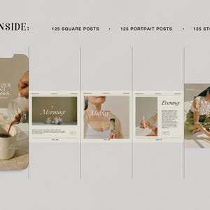 May include: A digital mockup of a phone screen showing a social media post with the text "What if your day wasn't about tasks?"  The post is accompanied by a photo of a hand pouring coffee into a white mug. Three additional mockups show social media posts with the text "Morning", "Midday", and "Evening".