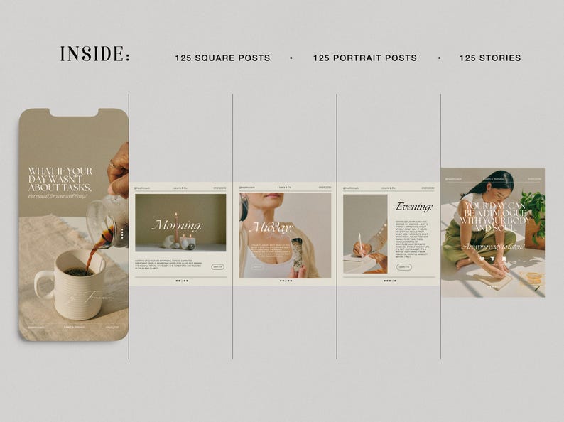 May include: A digital mockup of a phone screen showing a social media post with the text "What if your day wasn't about tasks?"  The post is accompanied by a photo of a hand pouring coffee into a white mug. Three additional mockups show social media posts with the text "Morning", "Midday", and "Evening".