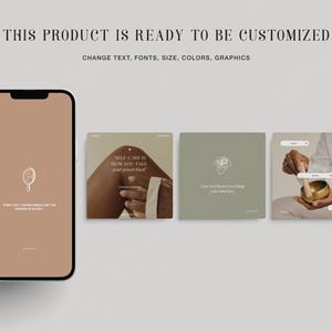 May include: Three social media post templates with a beige background and white text. The first post features a hand holding a mirror and the text "Self care is how you take your power back". The second post features a flower and the text "Learn to love everything your soul says". The third post features a hand holding a singing bowl and the text "Breathe".