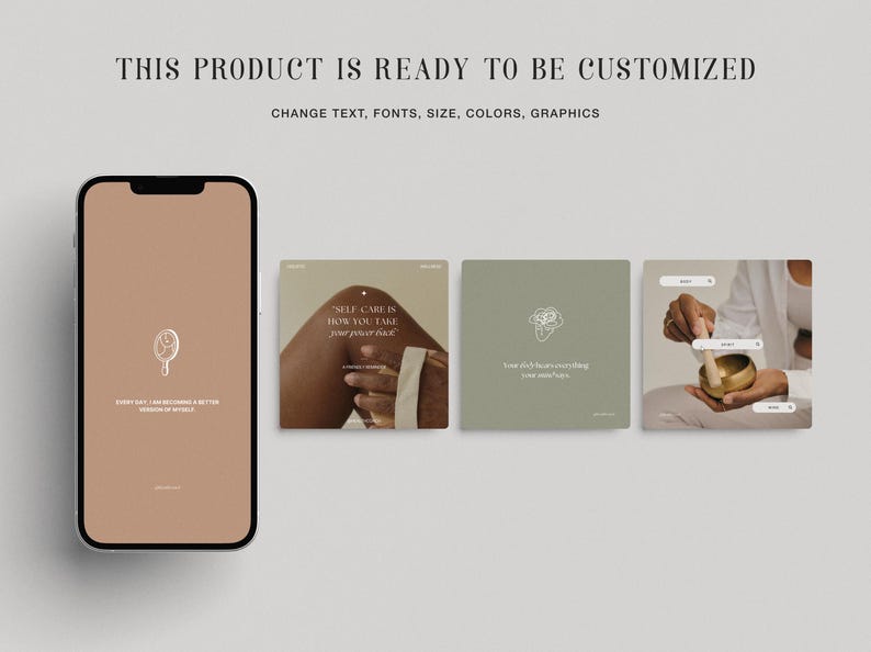 May include: Three social media post templates with a beige background and white text. The first post features a hand holding a mirror and the text "Self care is how you take your power back". The second post features a flower and the text "Learn to love everything your soul says". The third post features a hand holding a singing bowl and the text "Breathe".